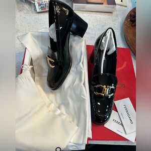 Salvatore Ferragamo Black Patent Leather Flats with Gold Buckle